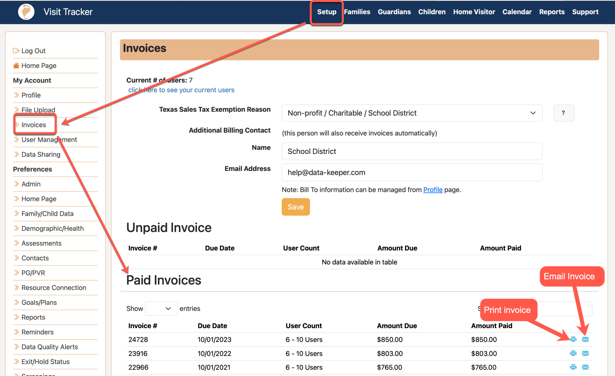 Paid visit tracker invoice for mo accounts